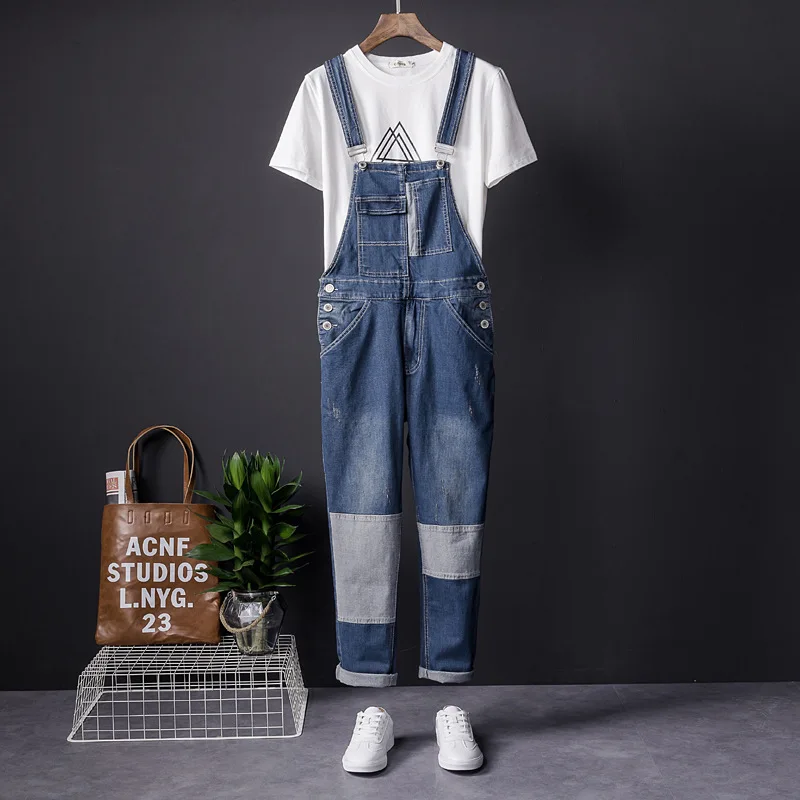 Fahsion Man Jeans Bib Overalls Splice Style Streetwear Hip Hop  Denim Jumpsuits Trousers Blue Ropa Hombre Freight Pants