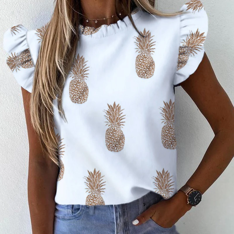 Футболка женская летняя с оборками и коротким рукавом топ облегающий круглым