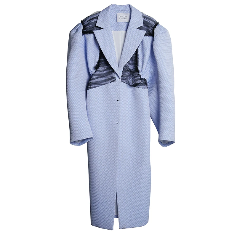 

[DEAT] V-neck Collar Wide-waisted Single Breasted Drawstring Waist Patchwork Medium Length Windbreaker Coat 2021 Spring GX603