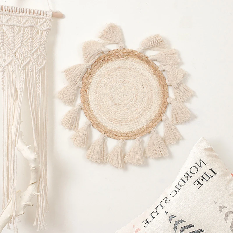 

Wall Baskets Boho Art Round Woven Macrame Wall Hanging Tassel Tapestries Home Decor for Apartment Living Room Bedroom Nursery