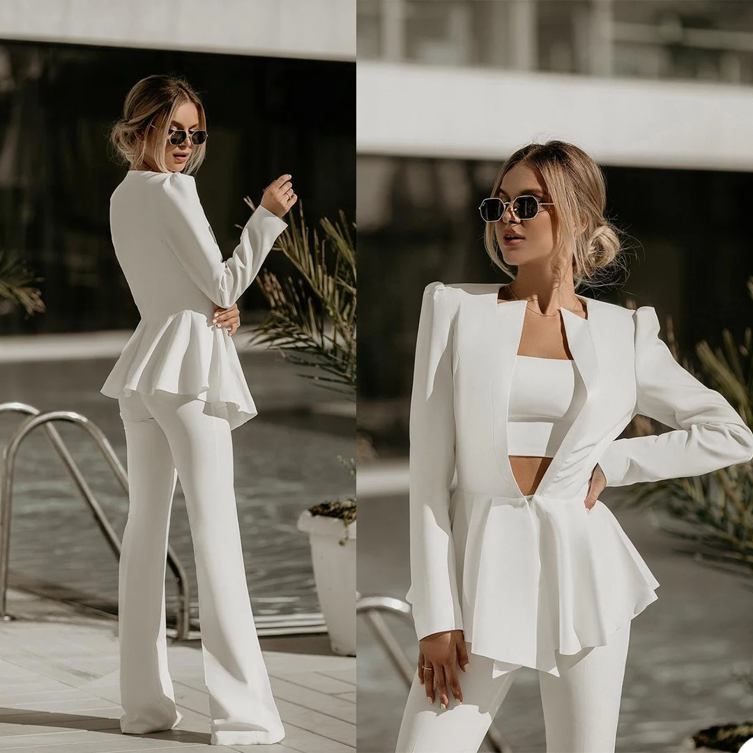 New Spring White Mother of the Bride Pants Suit Women Ladies Formal Evening Party Tuxedos Formal Work Wear For Wedding 2 pcs