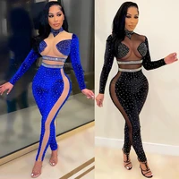 sheer mesh patchwork diamonds velvet jumpsuit woman turtleneck long sleeve one piece overalls sexy night club party rompers