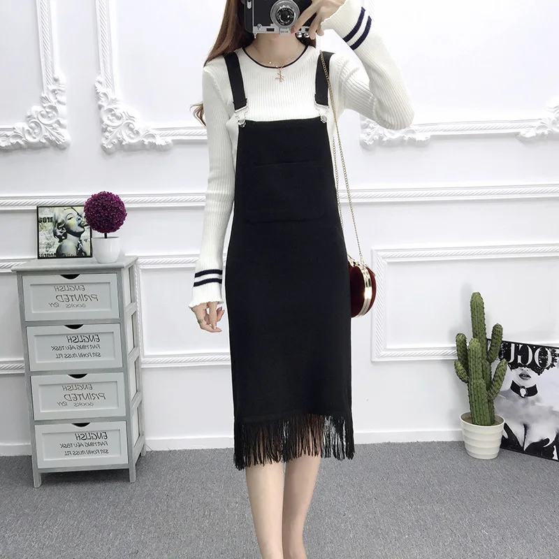 Vest skirt Black Корейский элегантный свитер жилет платье для женщин винного цвета сплит галстук свободные вязаные платья осенние женские повседневные платья - Цвет: Vest skirt Black