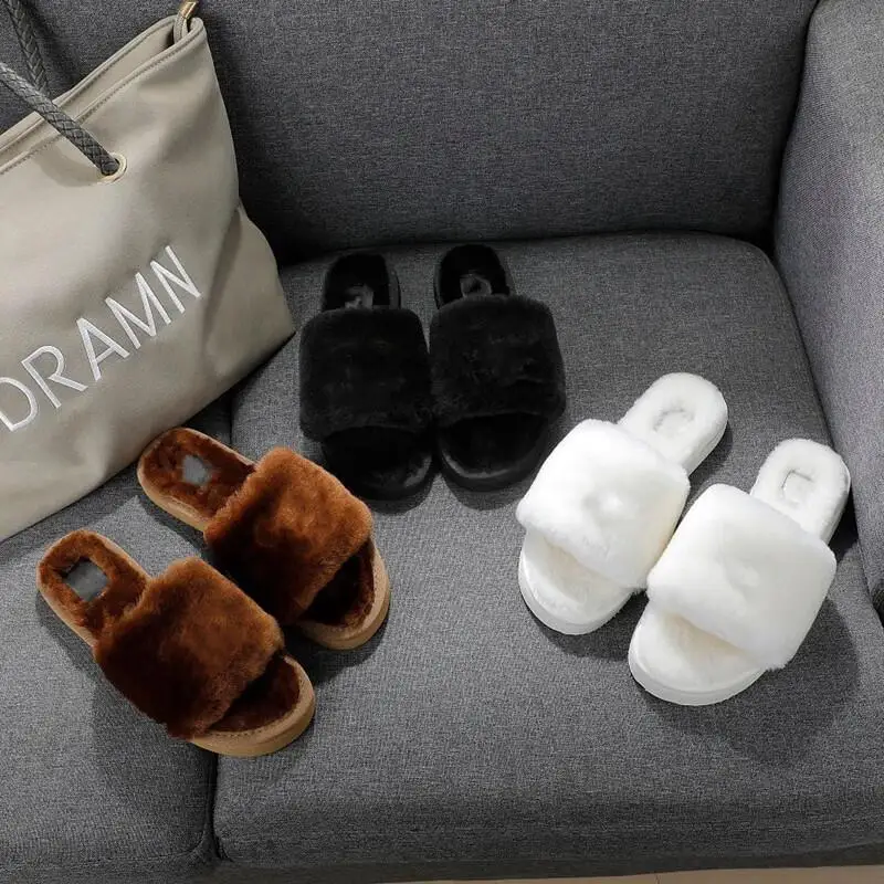 

Меховые тапочки, женская зимняя обувь на плоской подошве, Женская однотонная Дизайнерская обувь с круглым носком, женские домашние тапочки,...