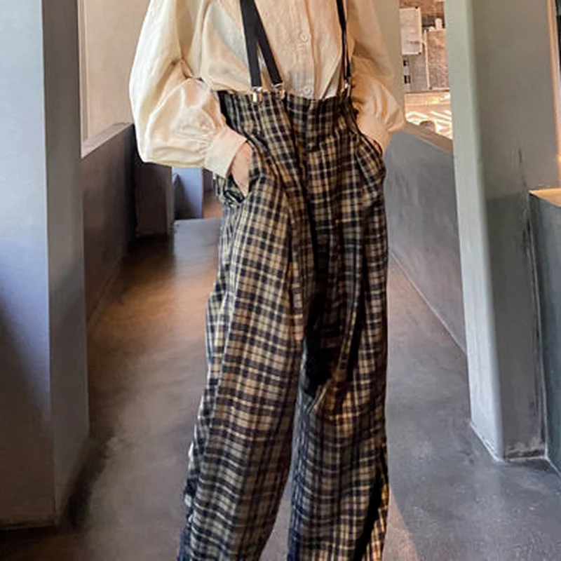 Повседневные брюки женские клетчатые Универсальные Длинные ретро-комбинезоны в
