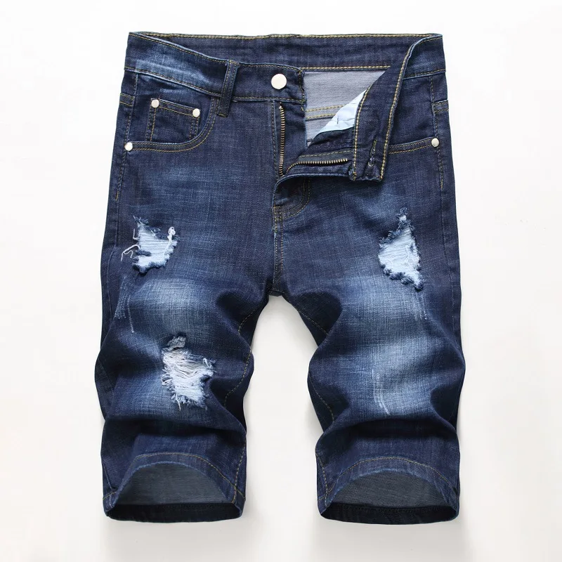 

Black Ripped Short Jeans Summer Men Fashion Slim Fit Stretch Destroyed Knee Length Shorts Hombre Vintage Dark Blue Denim Shorts