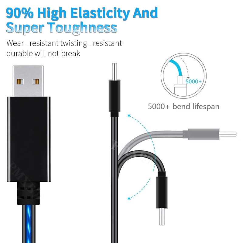 Glow LED Lighting Fast Charging Sync Data USB Type C Cable Phone Cable USB C Micro Charger Cable Wire for iPhone Huawei Samsung