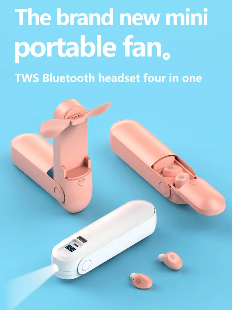 

5.0 Bluetooth Earbud Set F7 TWS Wireless Earphone with Handheld Fan Charging Box Flashlight Phone Portable Charger