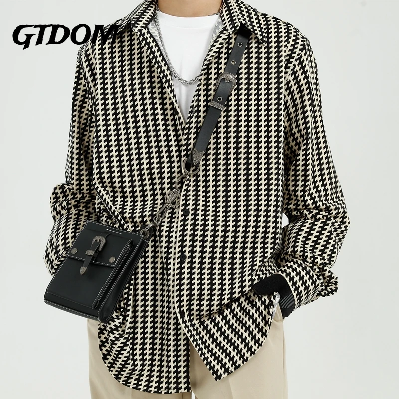 GTDOM Men Vertical Stripe Shitr Floral Shirt Striped Single Breasted 2021 New Autumn and Winter Long Sleeved Shirt