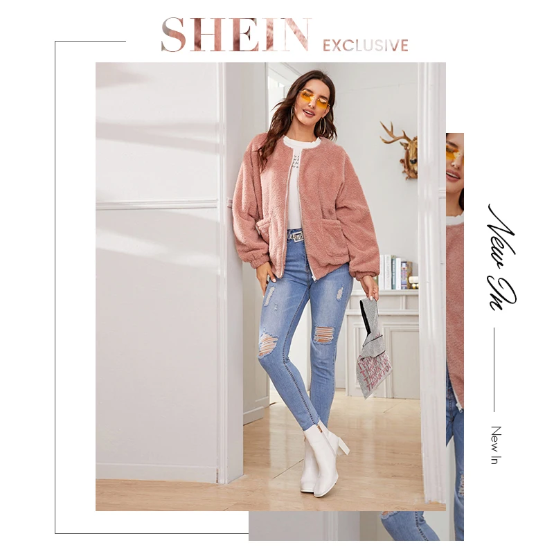 SHEIN розовая однотонная повседневная куртка на молнии спереди, пальто, женская зимняя уличная одежда, длинный рукав, двойной карман, женская верхняя одежда