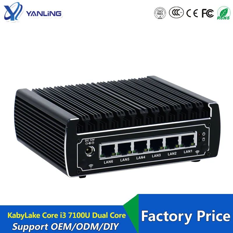 Bestellen 6 Ethernet LAN Fanless Pfsense Mini PC Intel Kabylake Core I3 7100u DDR4 Ram AES-NI Linux Server Firewall Computer Für Fenster 10