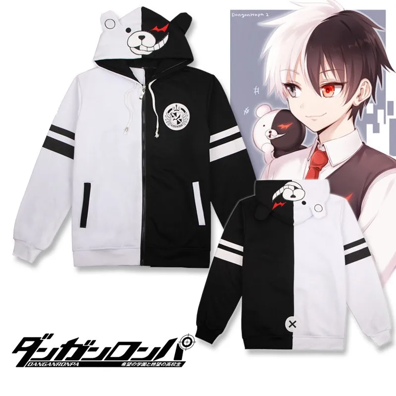 Anime Danganronpa Monokuma Zipper Hoodies Coat Cute Black White Bear Long Sleeve Boy Girl Winter Casual Cotton Hooded Sweatshirt