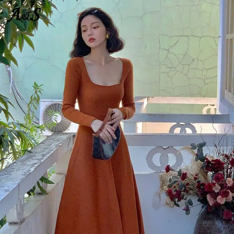 

Anbenser Solid Knitted Dress Womens Female Elastic High Waist Maxi Dresses Spring Square Collar Elegant Party Dress Plus Size XL