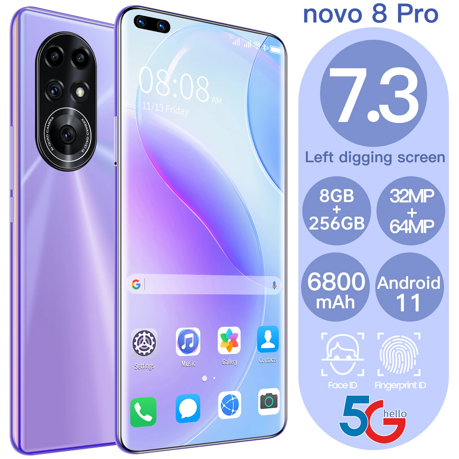 

2021 Global Version NOVO8 PRO 7.3 Inch Full Screen 8GB 512GB Andriod 11 Smart Phone 32+64MP Face ID 6800mAh Cell Phone MTK6889
