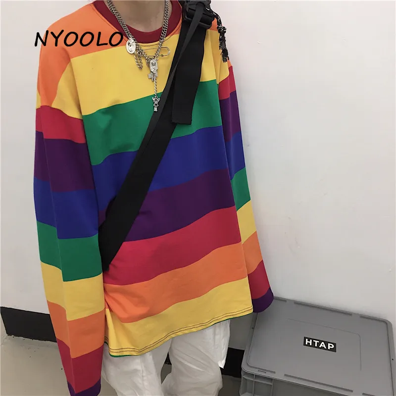 NYOOLO Harajuku винтажная Радужная полосатая Лоскутная свободная футболка Топы Осенняя