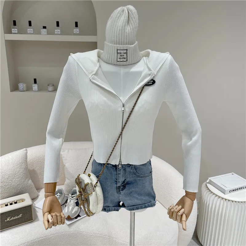 

Niche Design Women's Spring 2021 Fashion Double Zipper Hooded Knitted Cardigan Solid Short Coat Casual Thin Top