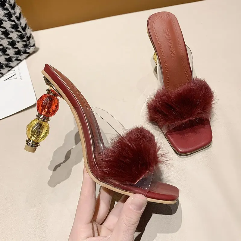 

Summer Women Shoes Woman Slides Transparent Perspex Crystal High Heels Fur Peep Toe Mules Slippers Ladies Slides Shoes Plus Size