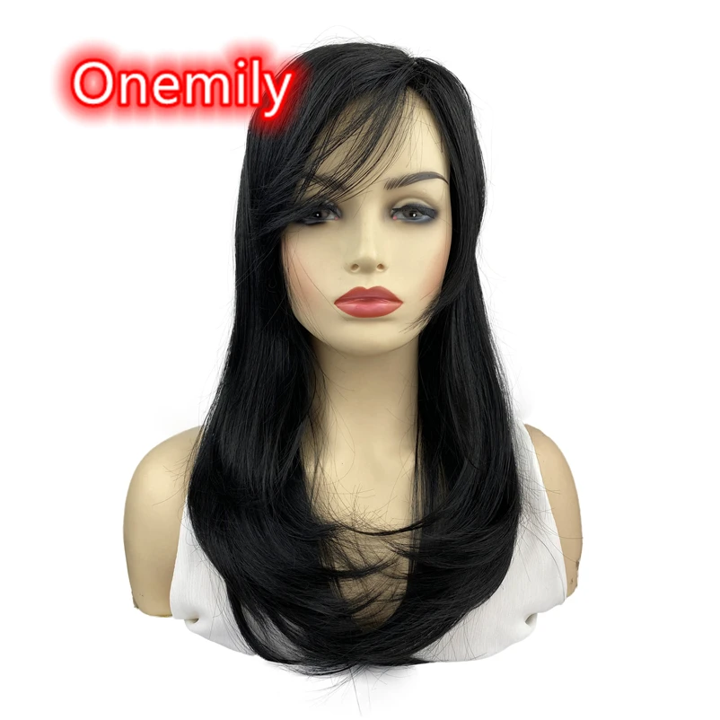 

Onemily Long Straight Heat Resistant Synthetic Wigs for Women Girls Medium Auburn Theme Party Evening Out Dating Fun Black