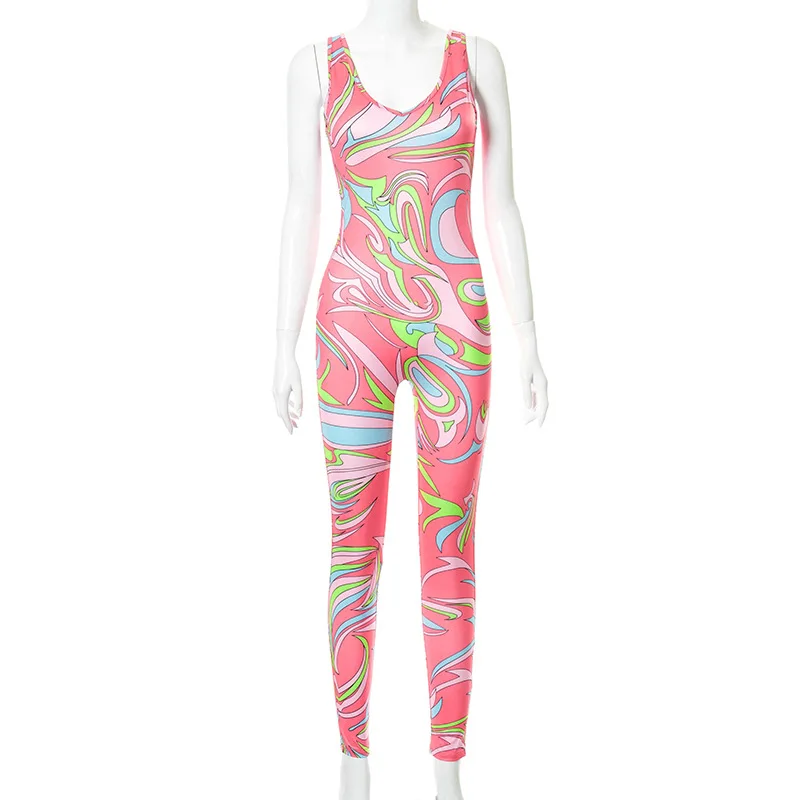 

CIGGANTFUL 2021 Fashion Women Summer New Print Sexy Sleeveless Tight Trousers One Piece Jumpsuit Bodycon Pants Backless Outfit