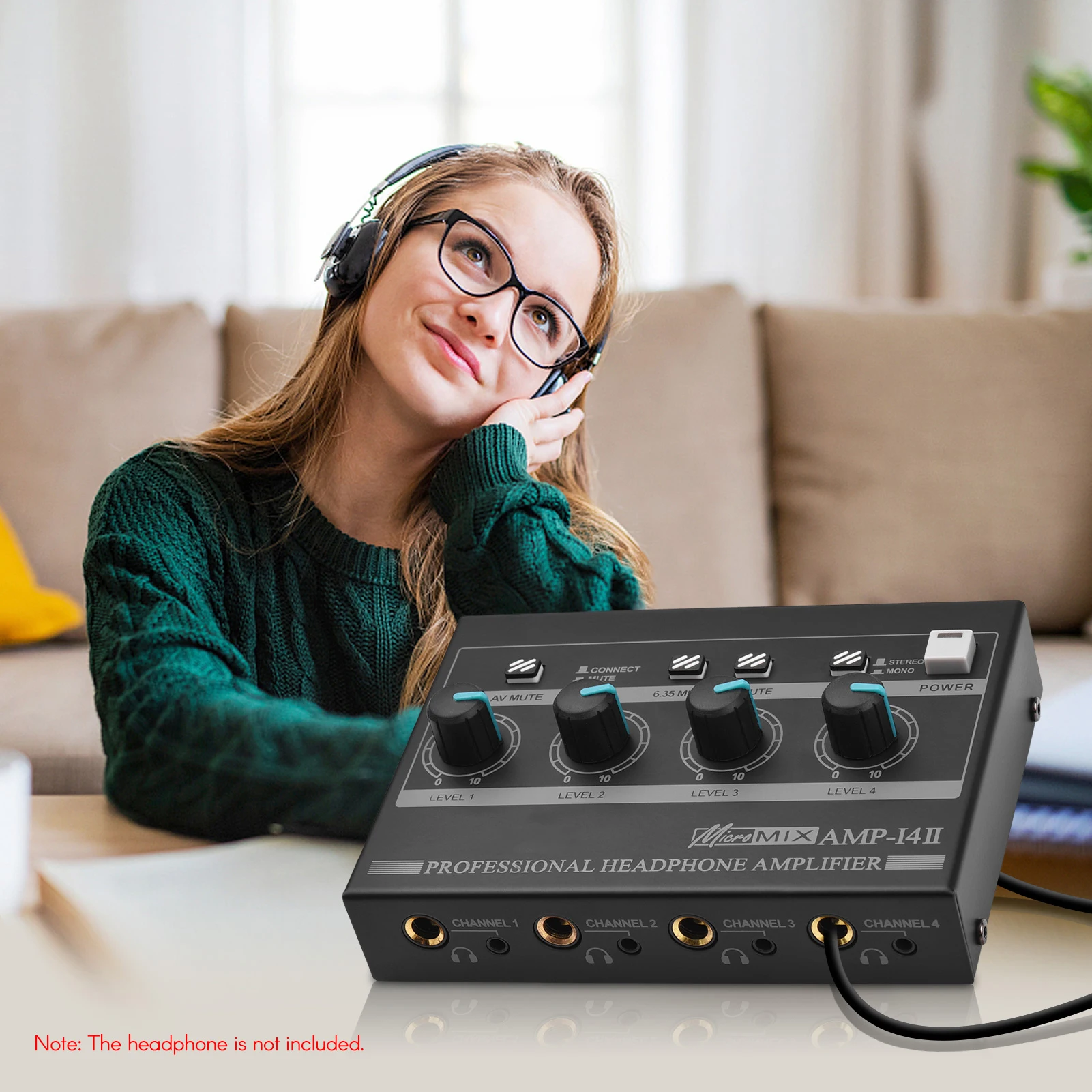 

AMP-14 4-Channel Headphone Amplifier Stereo Headphone Amp with RCA/6.35mm/3.5mm Input Volume Control Electric Aduio Equipment