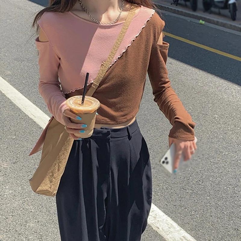 

Long-sleeved T-Shirt Women's Autumn Round Neck Short Patchwork Color Bottoming T-Shirt Off-shoulder Top