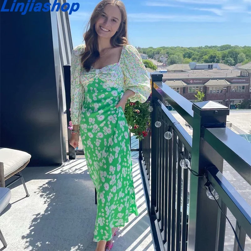 

Женское шифоновое платье с цветочным принтом, V-образным вырезом и рукавами-фонариками