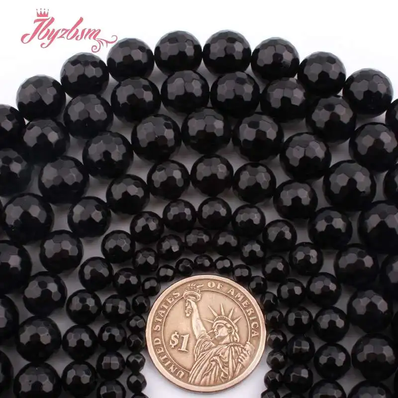 Круглые граненые черные турмалиновые бусины из натурального камня