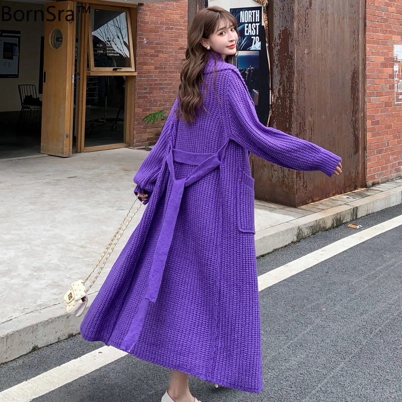 

Bornsra 2020 Autumn Winter Long Belt Sweater Cardigan Computer Knitted Turn-down Collar Oversized Sweater Women Knit Sweater