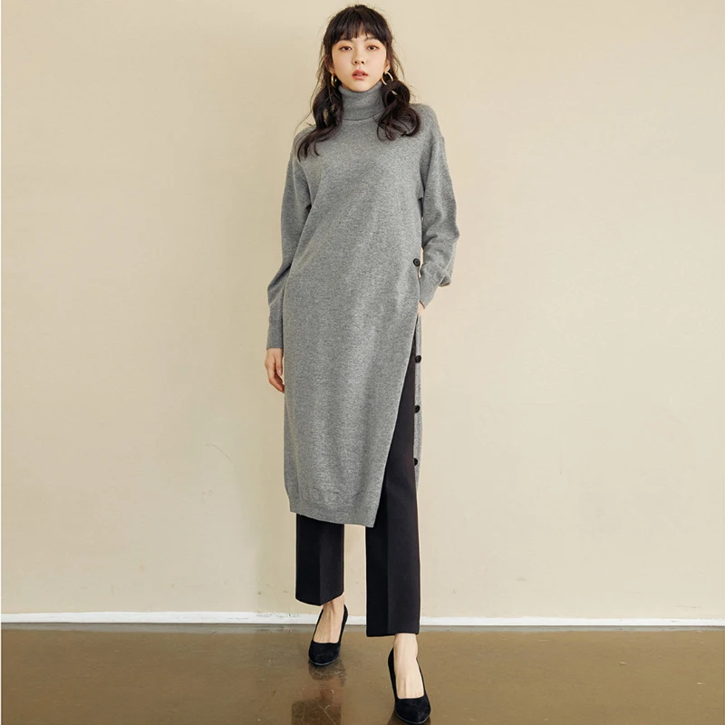 

2021 Stylish Turtleneck Knitted Sweater Dress Vintage Solid Color Long Side Split Dresses Autumn Winter