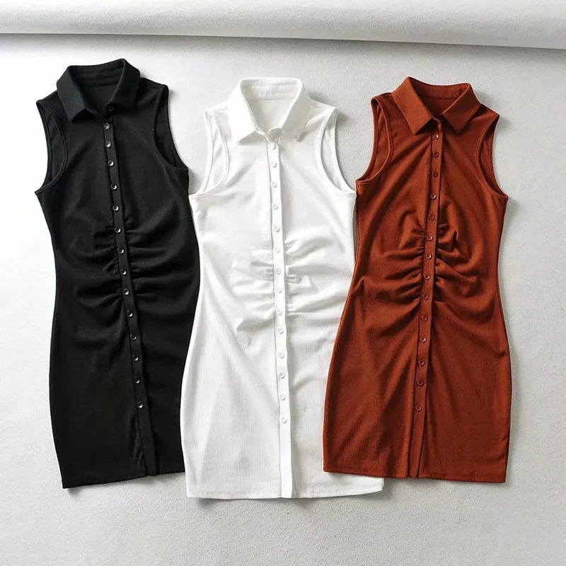

TVVOVVIN Women Ruched Detail Button Through Tank Mini Dress With Spread Collar hot sexy women tank vest dresses DDU7