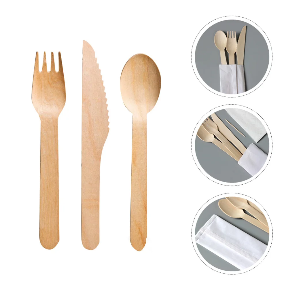 

1 Set Wood Cutlery Wooden Knives Forks Spoons Disposable Wooden Cutlery