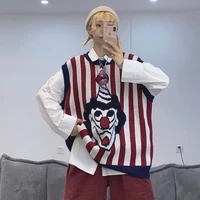 deeptown ugly streetwear joker print oversize sweater vest women korean style harajuku cute striped jumper female pullover tops