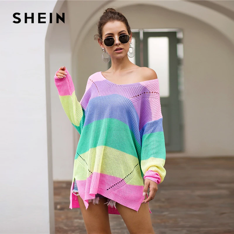 SHEIN Радуга Полосатый Падение плеча Длинный свитер женские топы осень уличная одежда с длинным рукавом V шеи негабаритных Сплит свитера