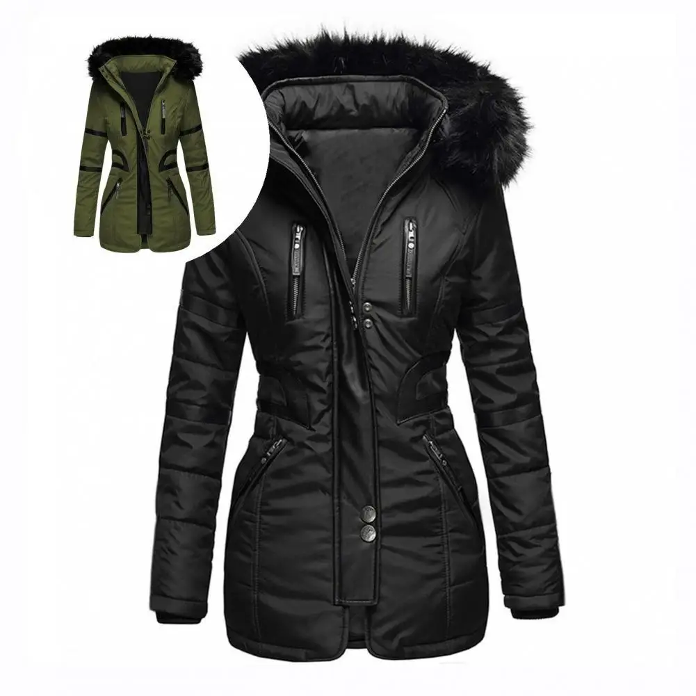 

Puffer Jacket Stylish Casual Plush Hooded Winter Coat Zip-up Pockets Thermal Winter Overcoat