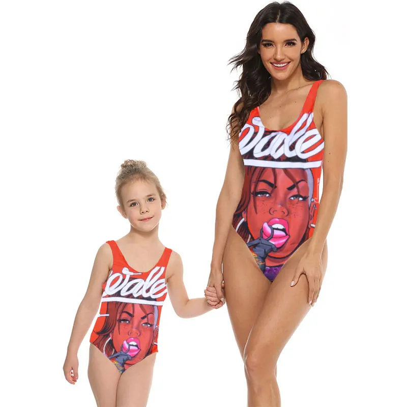 

Family Matching Mommy and Me Swimsuits Mother Daughter One Piece Beach Wear Punk Cool Girl Printed Monokini Bathing Swimwear