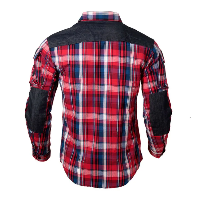 Мужская дышащая хлопковая рубашка в клетку с длинным рукавом Военная