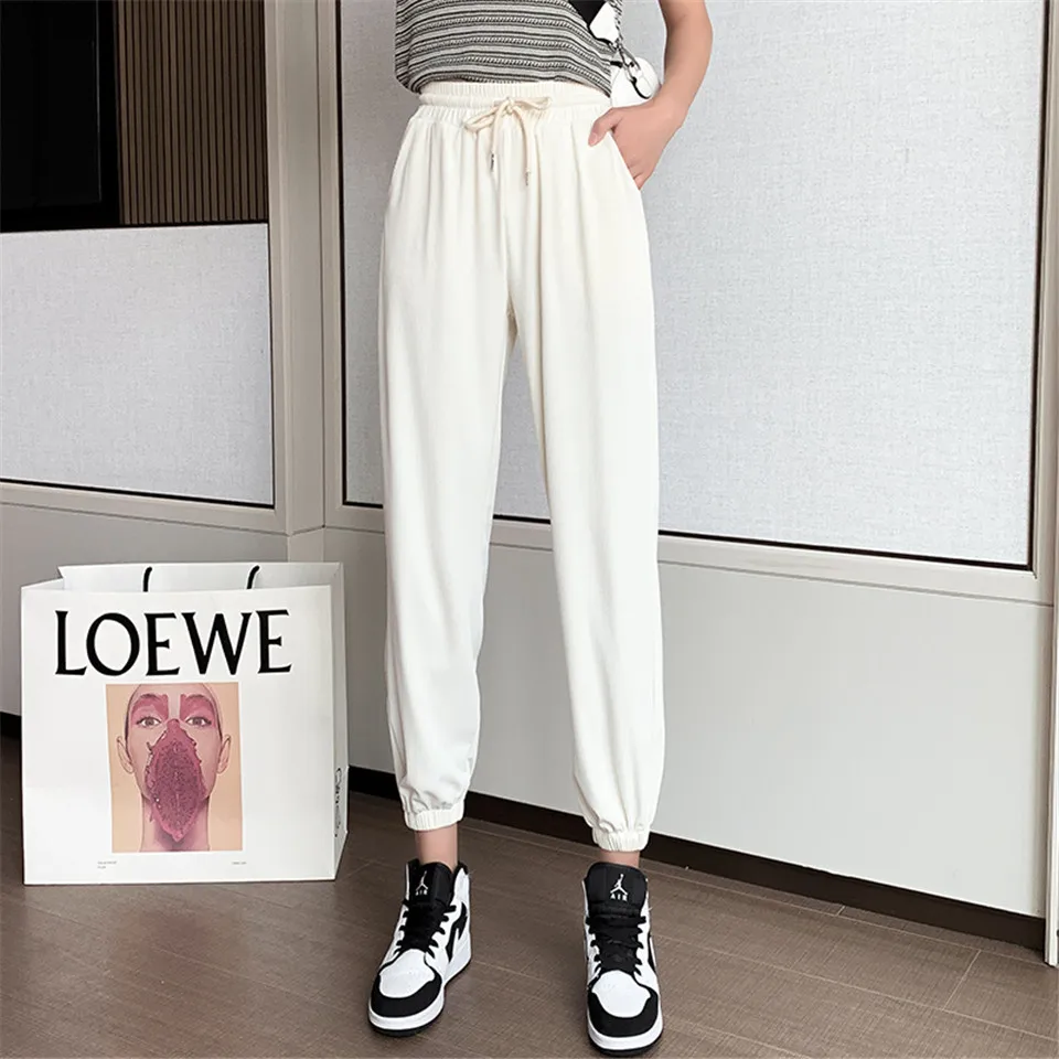 

Summer Thin Ice Silk Wide Leg Pants Women Loose High Waist All-match Pants Ankle-Length Slacks Trousers Female