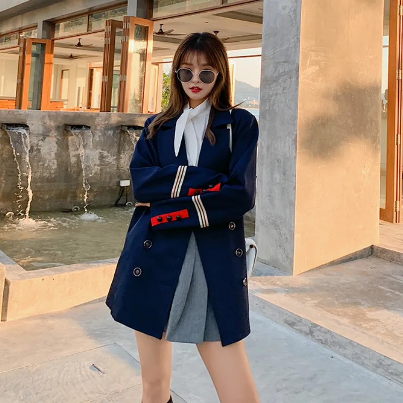 Женский винтажный двубортный пиджак Свободный Повседневный и блейзеры верхняя