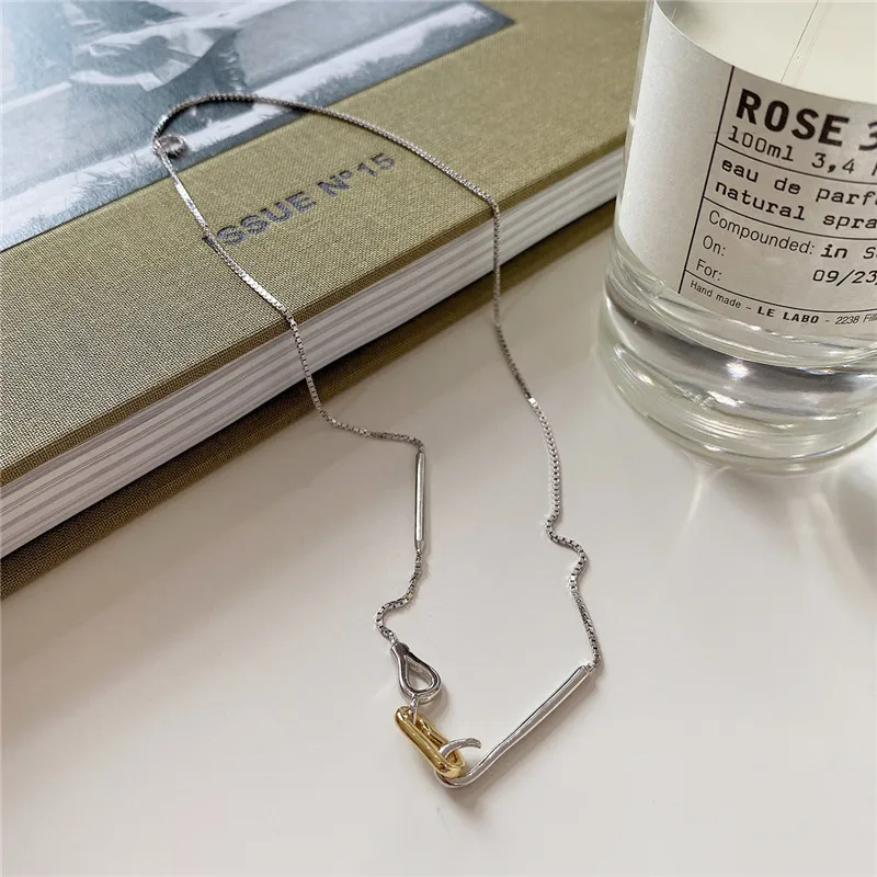 

RUIYI Women Fashion Geometric Hooking Pendant Necklace Female Stylish Real 925 Real Sterling Silver Box Chain Niche Chokers 2020