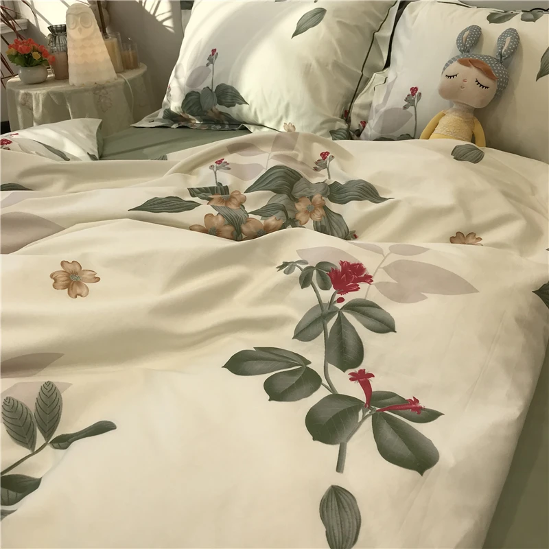 

Fresh Pure Cotton Four-Piece Set Simple Plant Leaf Bedding Duvet Cover Bed Sheet Fitted Sheet 1.8M B & B Apartment