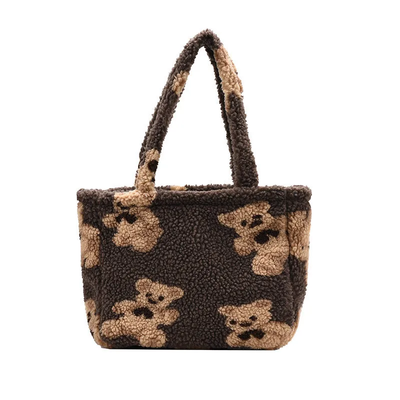 

Winter 2021 NEW fashion Cartoon plush bear handbag Student lamb wool shoulder bag High capacity Travel shopping bag