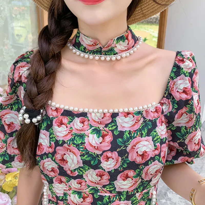

New Summer 2021 Fashion Floral Printed Short Sleeve Mini Dress French Vintage Pearl Midi Spaghetti Strap Dress Sukienki Damskie
