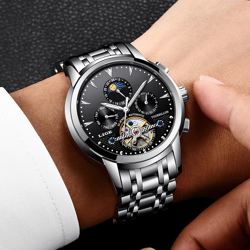 Часы наручные LIGE Мужские механические брендовые Роскошные деловые модные в