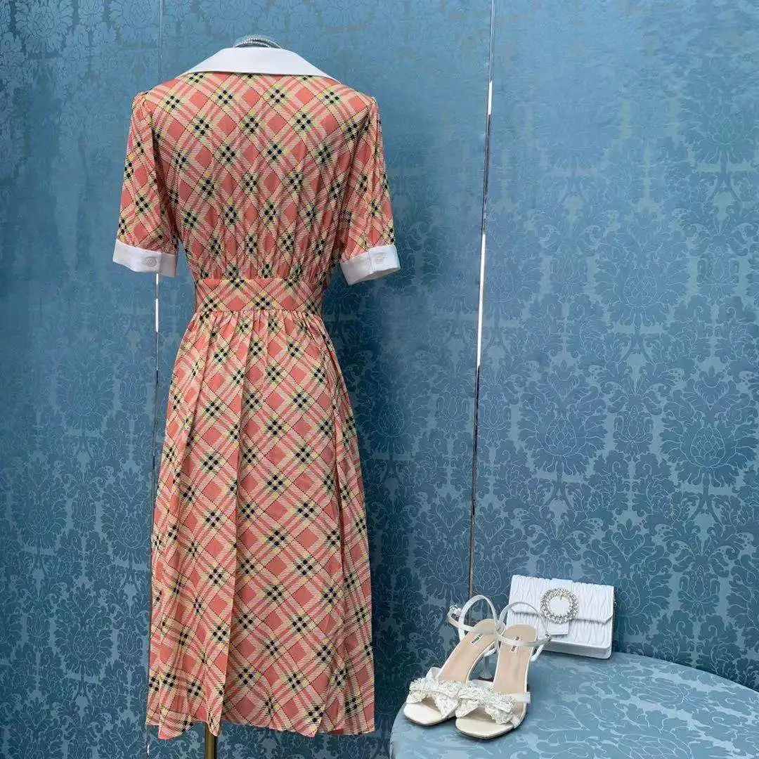 

2021 summer new style light luxury celebrity style printed lapel short-sleeved lace-up slim long dress