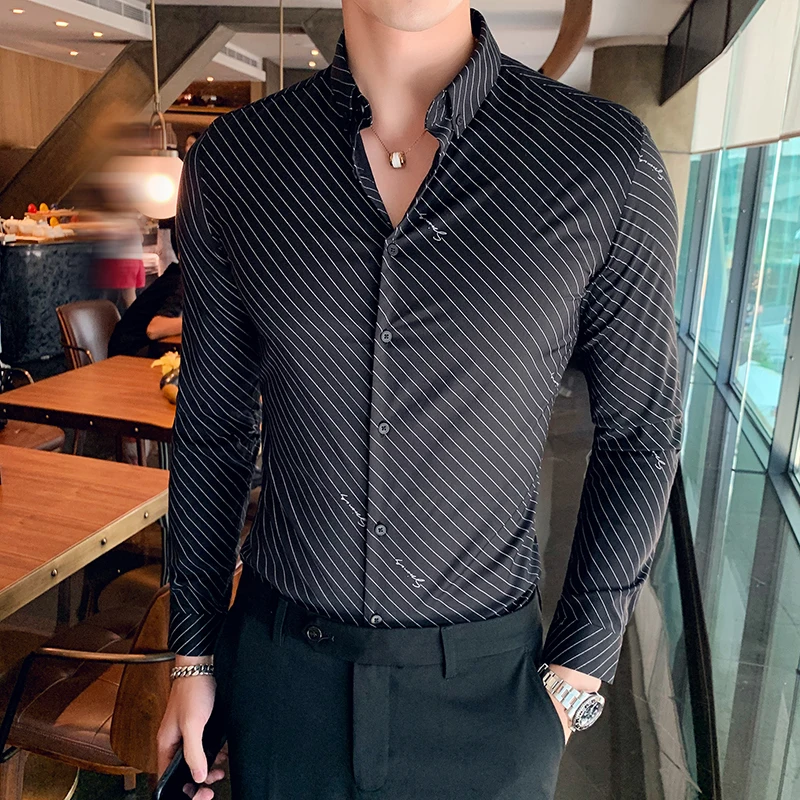 Chemise Homme британский стиль Для мужчин рубашка в полоску с длинными рукавами, высокое качество, отложной воротник, деловая, общественная рубашки Для мужчин клубный костюм-смокинг