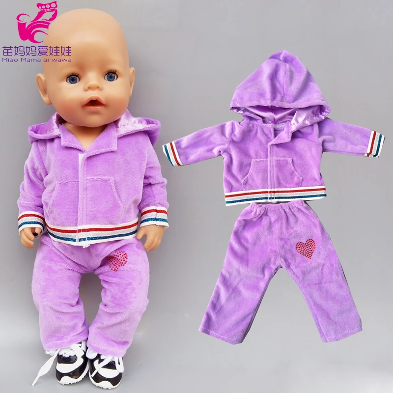 

43cm 40cm Baby Doll purple Velvet sport set 18 Inch American Generation Girl Doll clothes Leisure Outfits