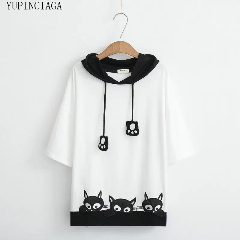 2020 New Harajuku women t shirt Korean style cotton loose Cat Embroidery kawaii t-shirt female Short Sleeve funny tee tops