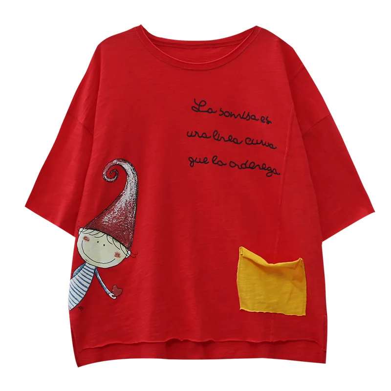 2020 Summer T-shirt Women Loose All-match Tops New O-Neck Short Sleeve Patchwork Print Character Casual Ladies | Женская одежда