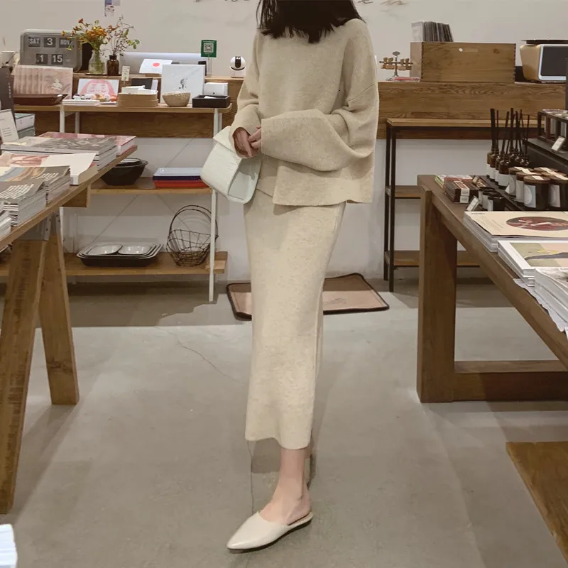 Элегантный женский однотонный кашемировый свитер юбка Женский комплект 2 шт.