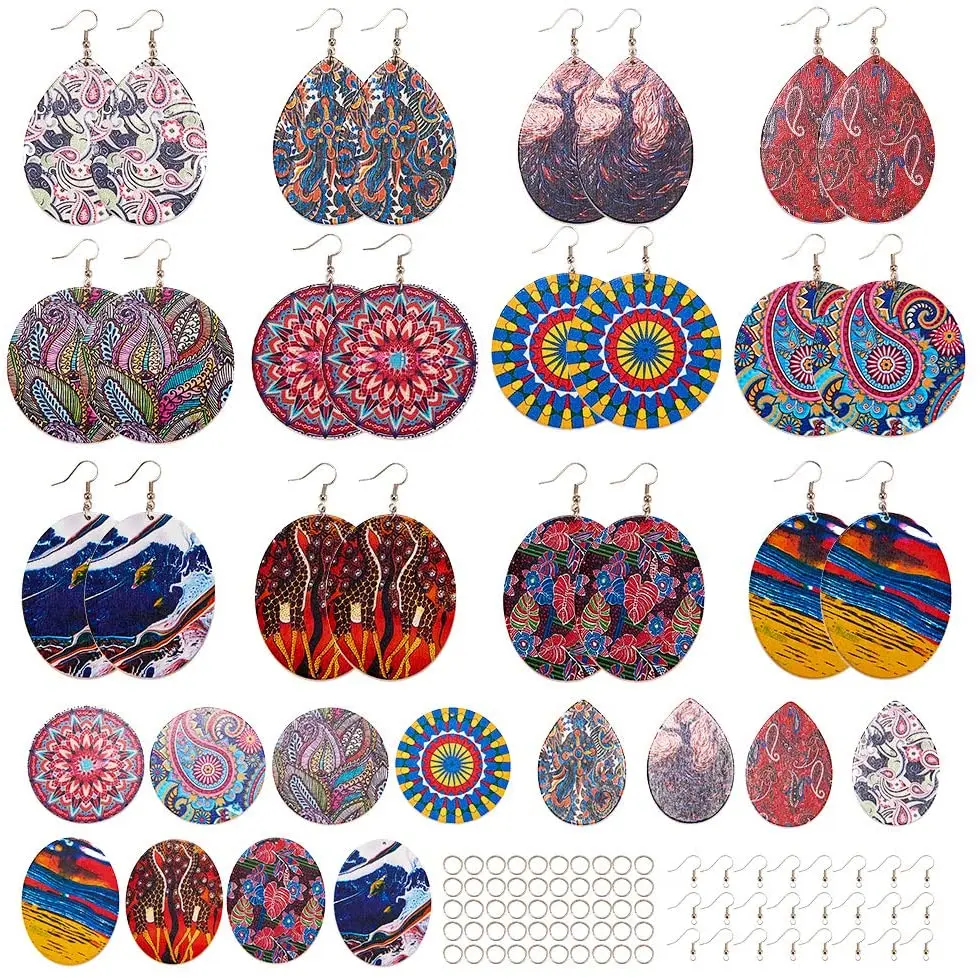 

DIY12 pairs of wooden printing earrings making kit with drop-shaped wooden pendant 24 brass earring rings for DIY jewelry making
